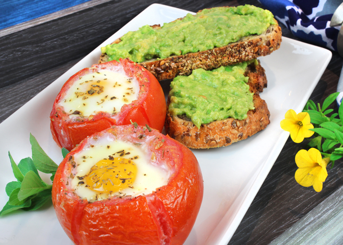 Baked Egg Stuffed Tomatoes with Avocado Toast