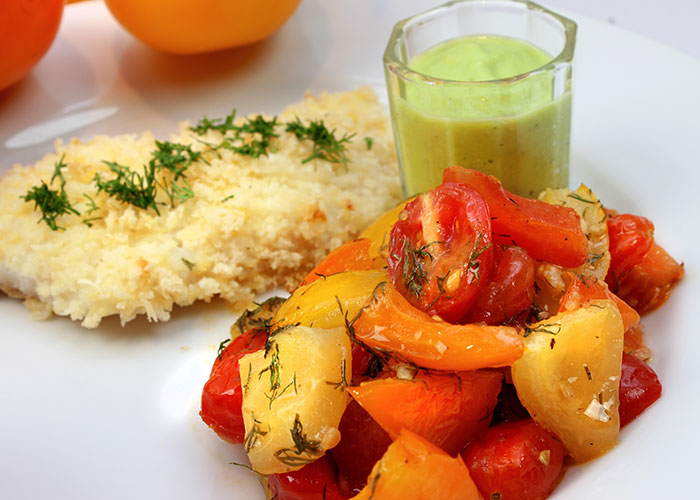 Baked Tomato White Fish with Cucumber Sauce